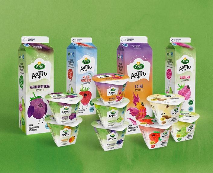Arla AamuPlus pakkausilme 2026 Kuvassa Arla Aamu+ pakkauksia