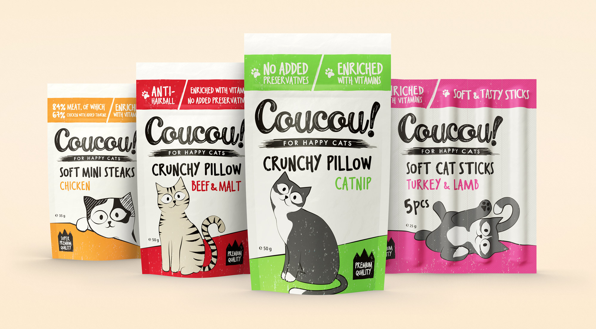 Brändi-ilmeen suunnittelu Mustin ja Mirrin Coucou!-brändille