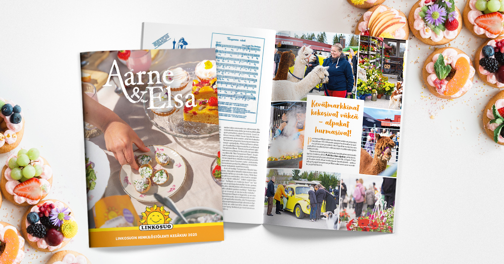 henkilostolehden_ilmeuudistus_Linkosuo_2025_kansi_ja_taitto_kuva_1 Henkilöstölehden ilmeen uudistus Linkosuon Aarne & Elsa -lehdelle