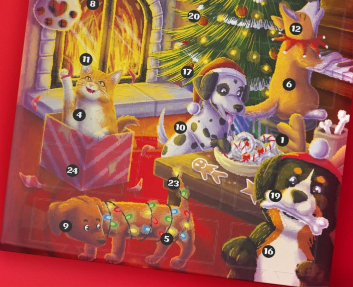 Joulukuvitus kissojen ja koirien joulukalenteriin