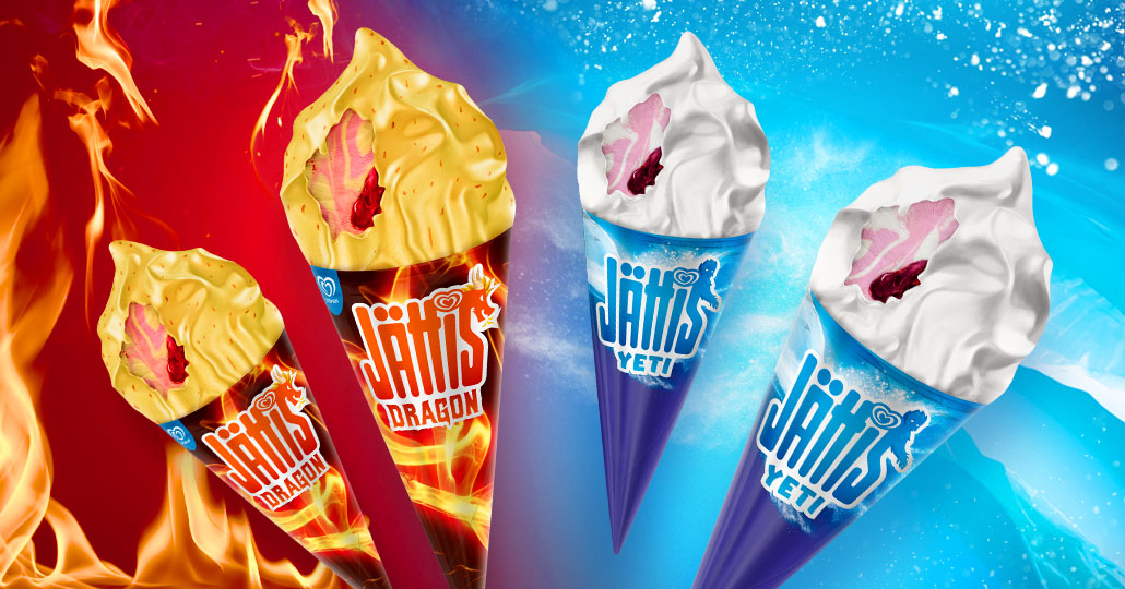 Pakkausilmeen suunnittelu - case: Jättis Dragon & Yeti Ingman Jättis Dragon & Yeti jäätelöt pakkausilmeen suunnittelu