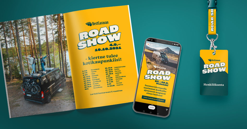 BestCaravan Road Show lehti-ilmoitukset, somemainonta ja tapahtumamateriaalit