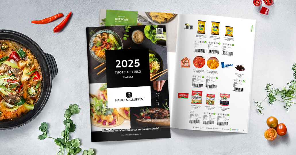 Haugen-Gruppenin uudistetun tuotekuvaston kansi ja tuoteaukeama