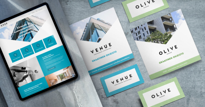 Yritysilmeen suunnittelu - Venue ja Olive visuaaliset ilmeet