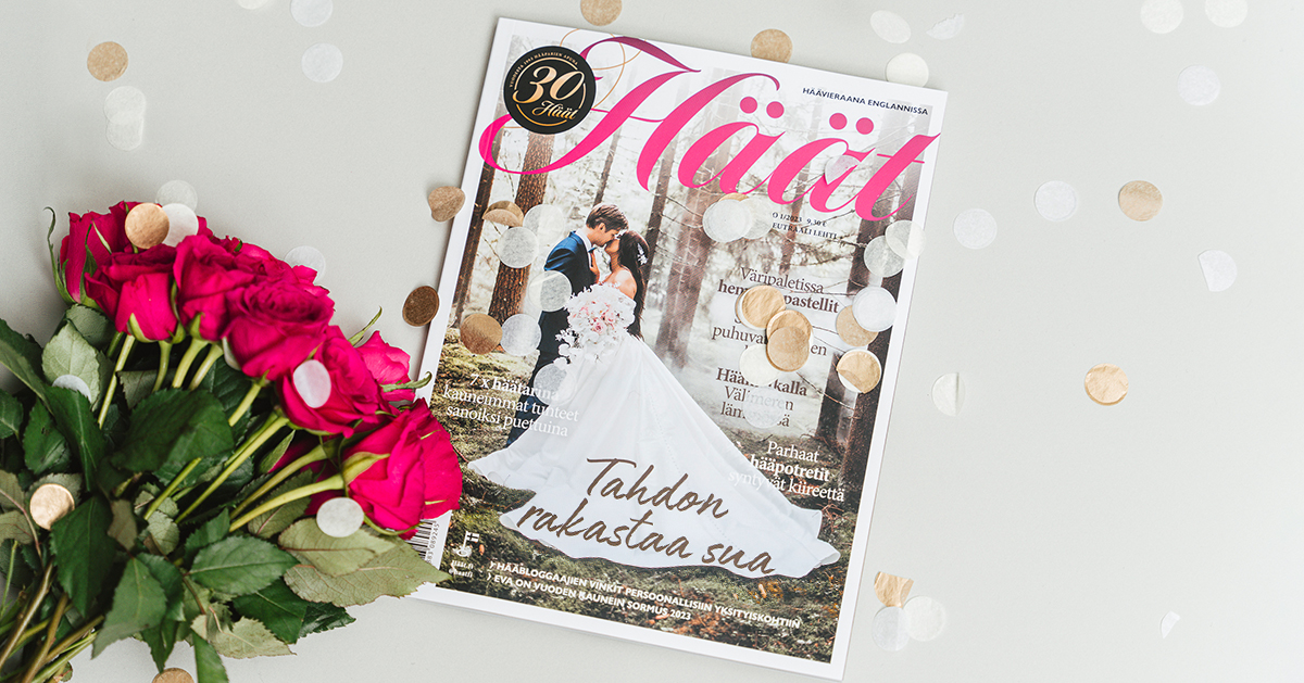 Kuvassa Häät-lehden näyttävä kansikuva koristettuna ruusuin ja konffetein.