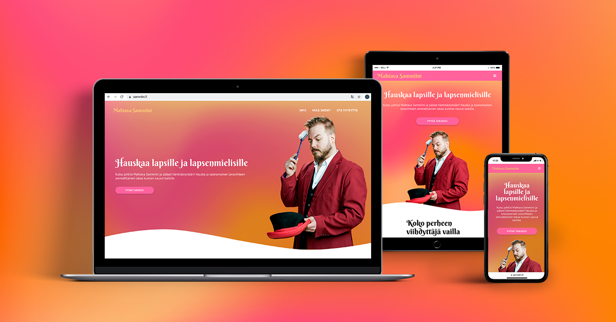 Kuvassa uudistuneet kotisivut Mahtavalle Sammiinille mallinnettuina kannettavan tietokoneen, tabletin ja kännykän ruuduille.