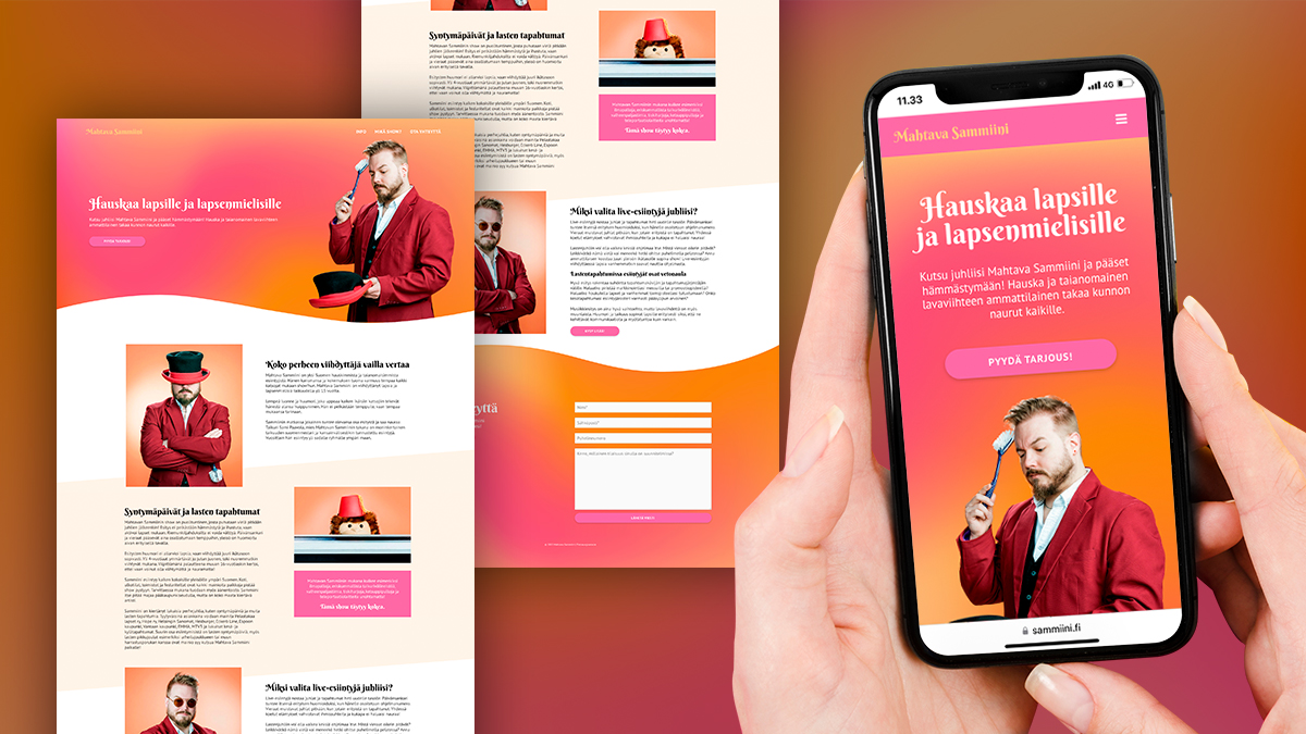 Kuvassa uudistuneet kotisivut Mahtavalle Sammiinille mallinnettuina kädessä pidettävän kännykän ruudulle.