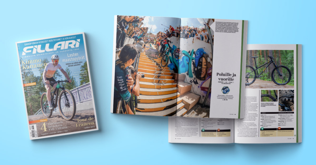 Kuvassa Fillari-lehden kansi sekä sisäsivujen lehtitaittoa.