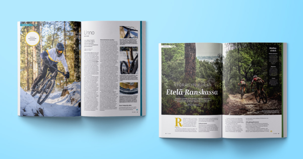 Kuvassa Fillari-lehden sisäsivujen taittoa erilaisilla kuva- ja tekstiasetteluilla.