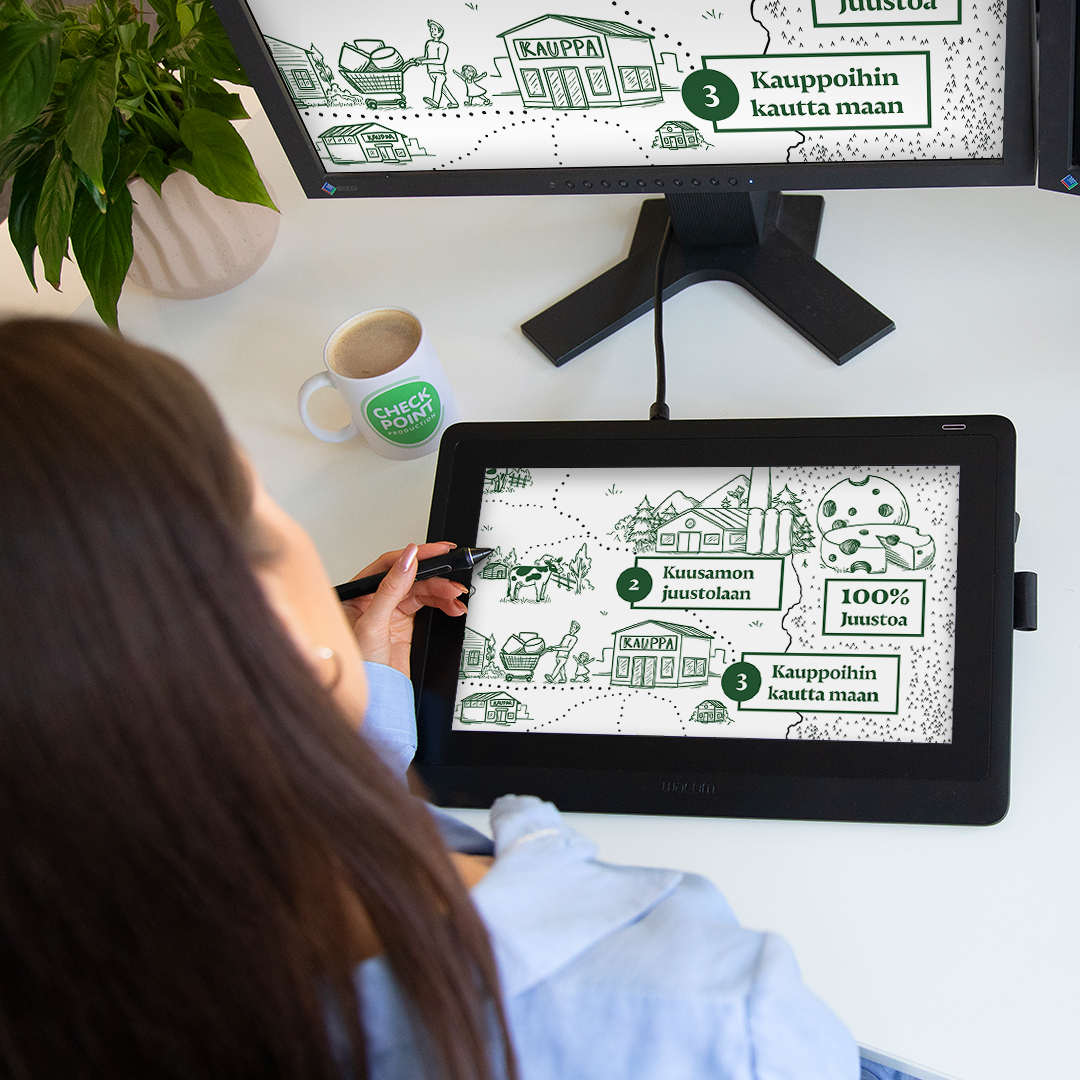 Kuusamon juuston infograafi Infografiikka. Kuvassa työvaihe, jossa Kuusamon juuston infograafia piirretään tietokoneen ääressä.