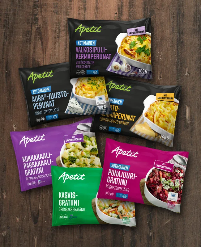 Apetit Kermaperunoiden ja Kasvisgratiinien uudet pakkausilmeet