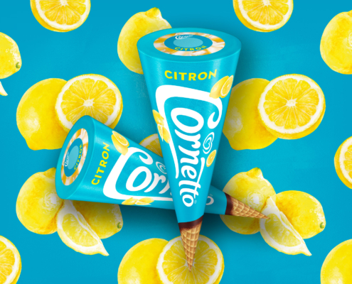 Kuvassa Cornetto Citron jäätelötuutti ja T-paita sitruunakuosilla.