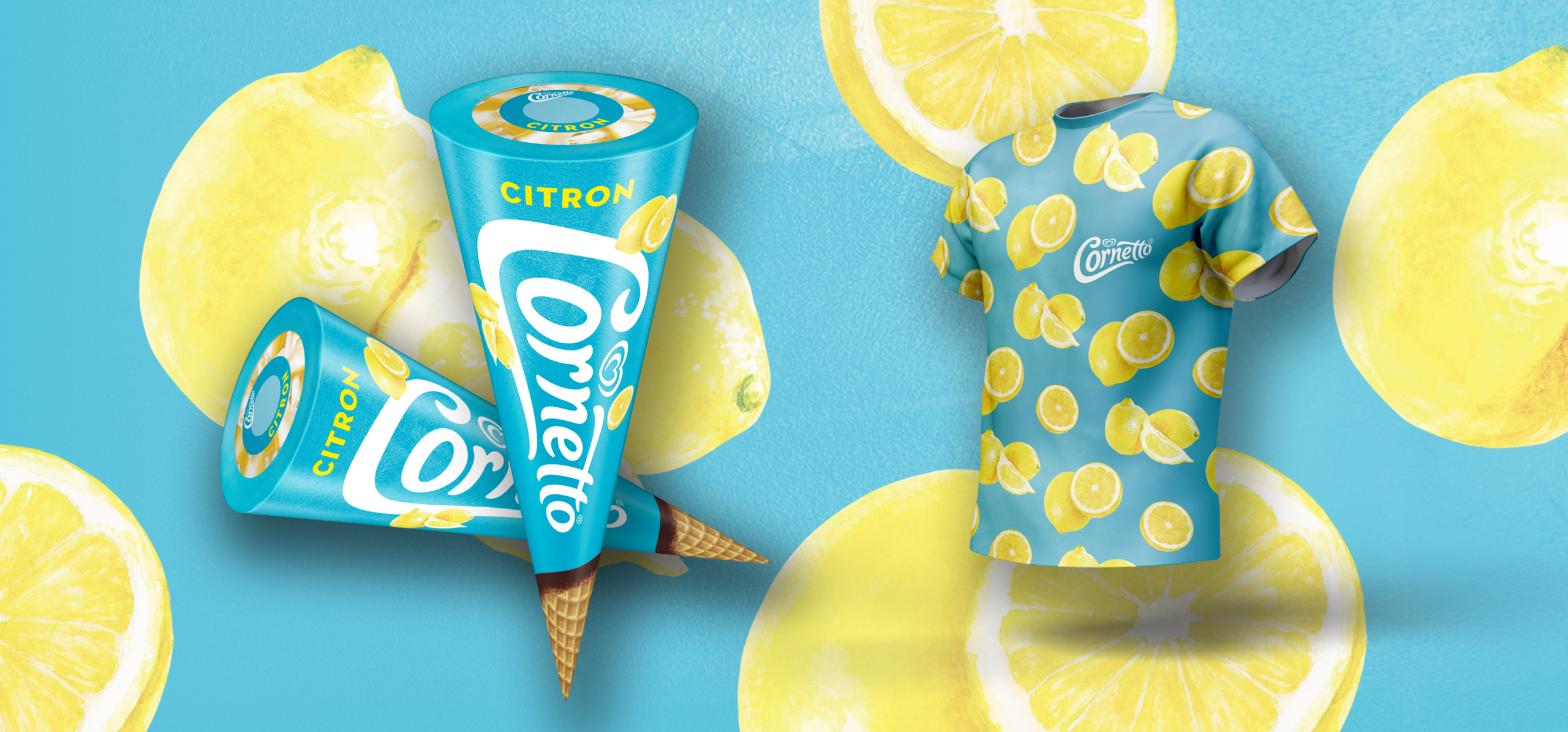 Kuvassa Cornetto Citron jäätelötuutti ja T-paita sitruunakuosilla.