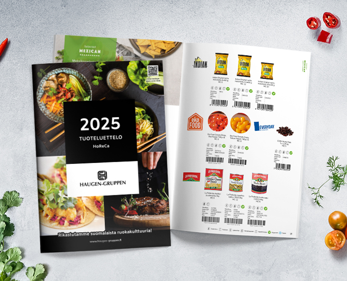 Haugen-Gruppenin uudistetun tuotekuvaston kansi ja tuoteaukeama