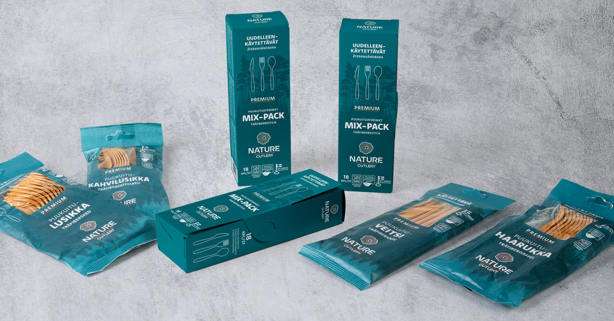 Pakkausilmeen uudistus. Kuvassa Nature Line Cutlery pakkauksia.