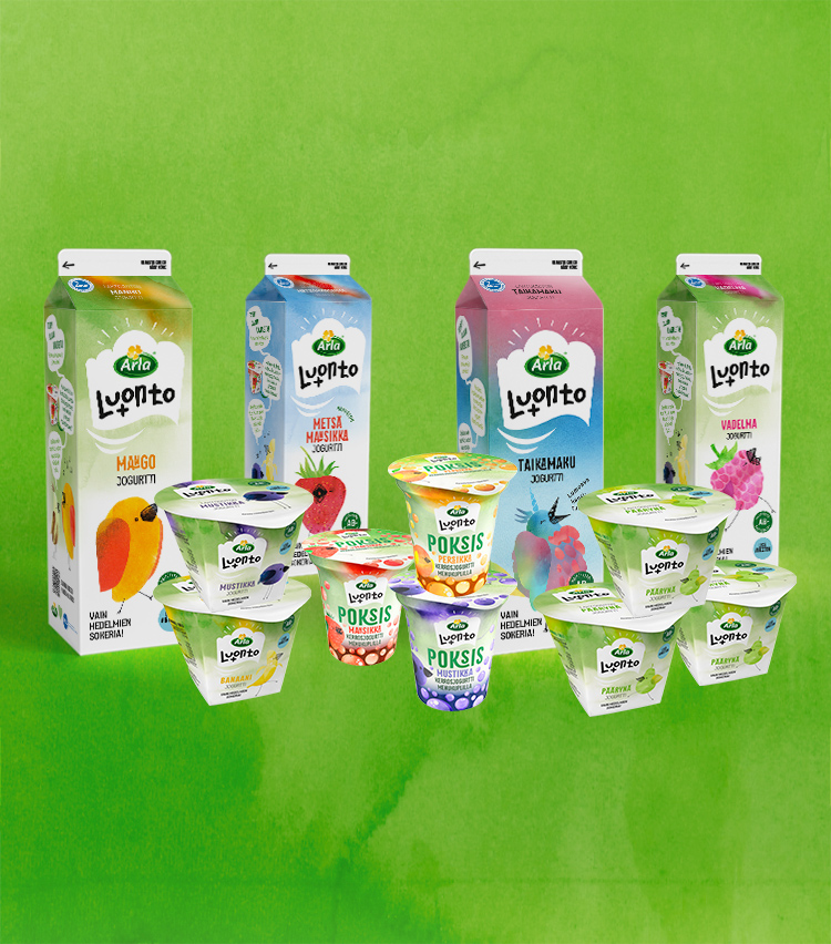 Arla LuontoPlus pakkausilme Uuden pakkausilmeen jalkautus Arlan tuotteisiin