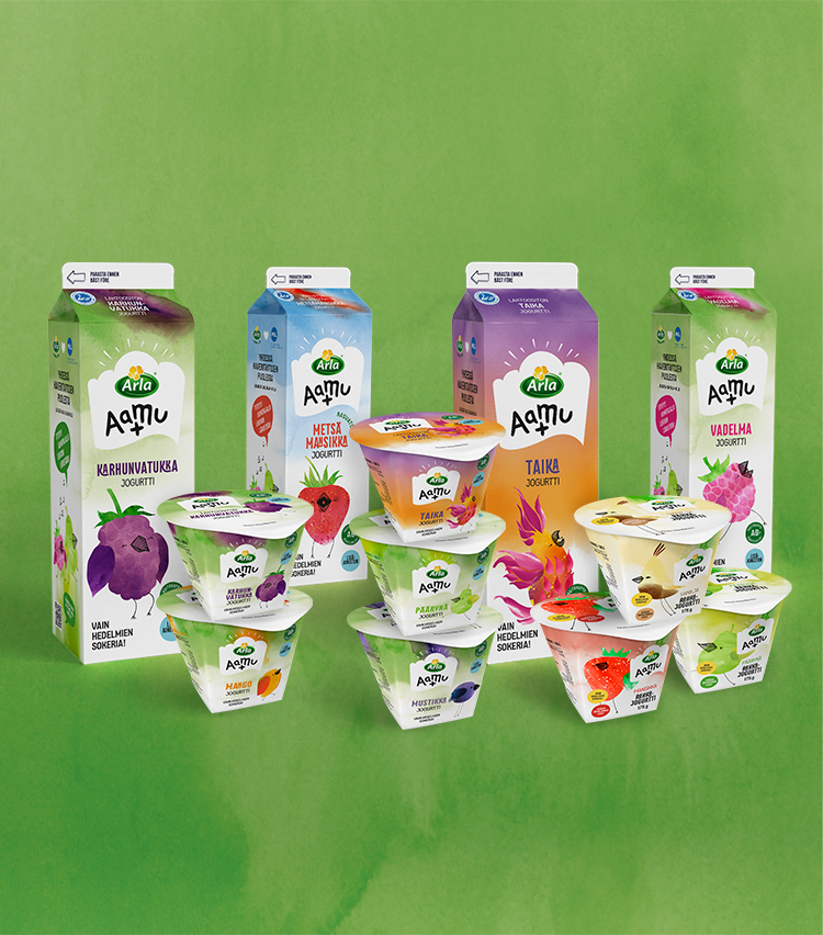 Arla AamuPlus pakkausilme 2026 750x852 Kuvassa Arla Aamu+ pakkauksia